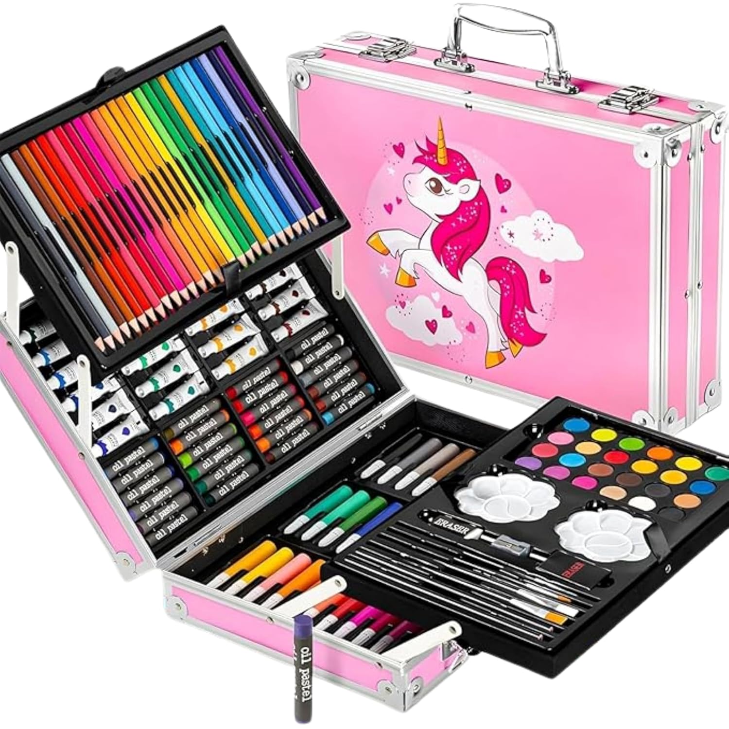 Kitchen Bloom Art Set for Kids – 145 Piece Coloring & Drawing Kit Suitcase with Colour Pencils, Oil Pastels, Paint Brushes & Unicorn Design