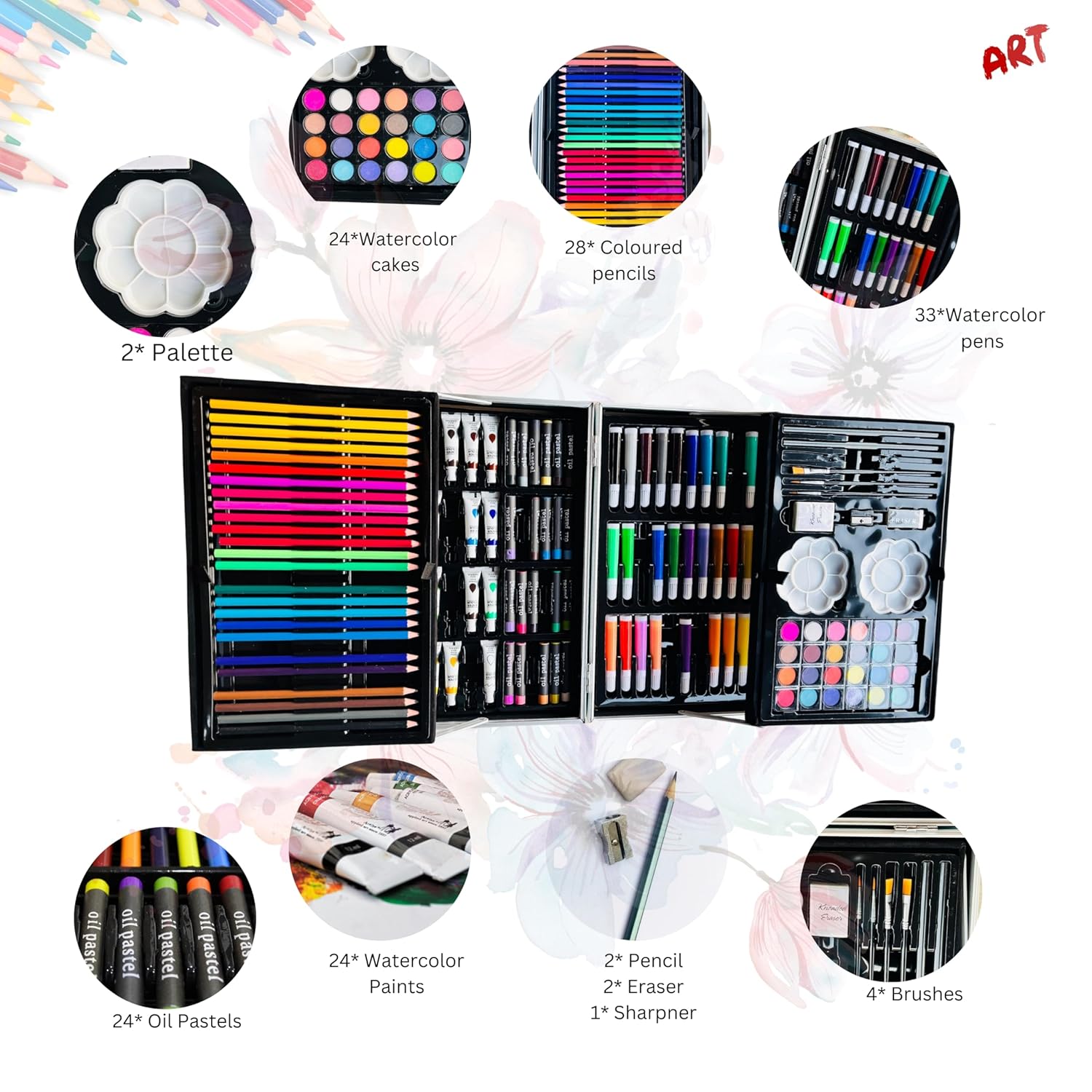 Kitchen Bloom Art Set for Kids – 145 Piece Coloring & Drawing Kit Suitcase with Colour Pencils, Oil Pastels, Paint Brushes & Unicorn Design
