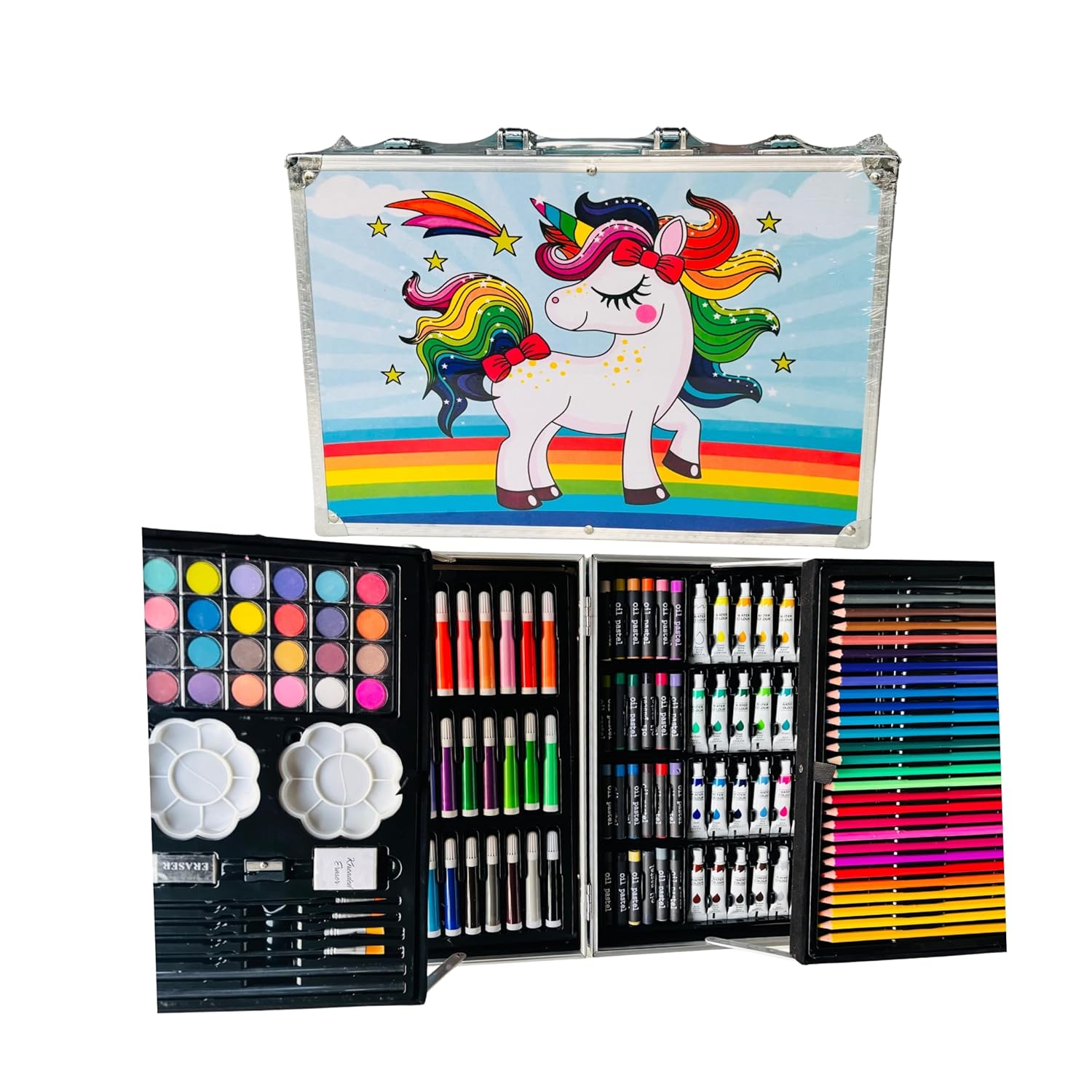 Kitchen Bloom Art Set for Kids – 145 Piece Coloring & Drawing Kit Suitcase with Colour Pencils, Oil Pastels, Paint Brushes & Unicorn Design