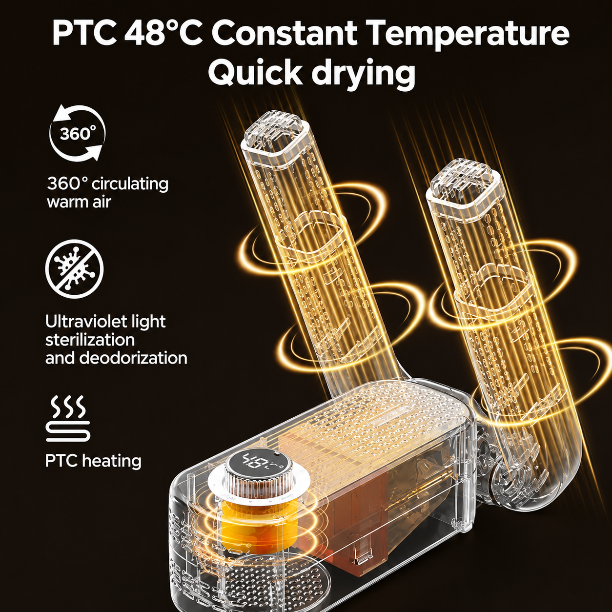 Electric Shoe Dryer and Warmer with PTC Heating, 48°C Fast Drying, 360° Warm Air, UV Sterilization, Intelligent Timer Settings, Foldable &amp; Hanging Design